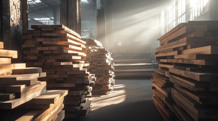 Sunlight filters through a rustic wood workshop, illuminating stacks of lumber and creating a serene ambiance.