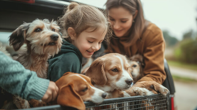 A family gently placing stray animals into a vehicle to transport them to a rescue center, with an air of hope and care, right third copy space. Responsibility, Care, Working for t