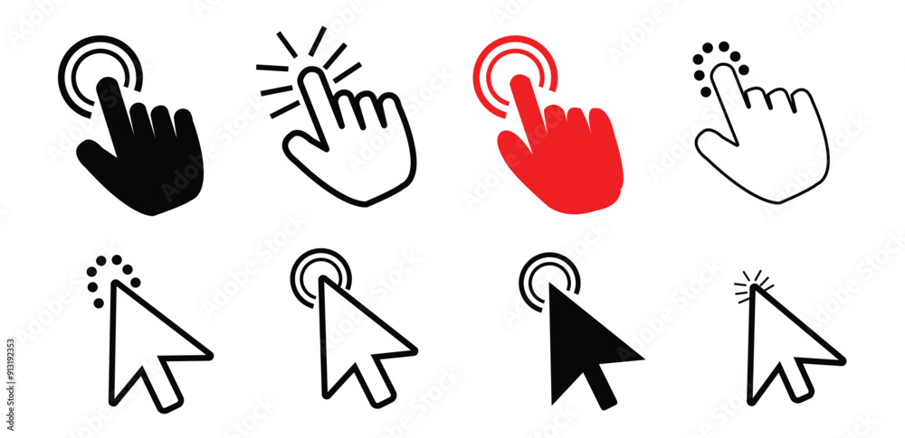 Poster computer mouse click cursor arrow icons set. clicking cursor icon. hand cursors icons click set. poi