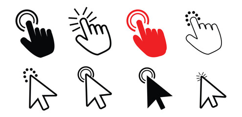 Computer mouse click cursor arrow icons set. Clicking cursor icon. Hand cursors icons click set. Pointer click icon set.