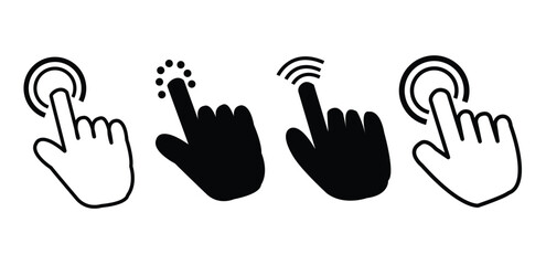 Computer mouse click cursor arrow icons set. Clicking cursor icon. Hand cursors icons click set. Pointer click icon set.
