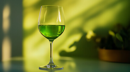 glass of green wine on the table, green background, bright light and shadow, commercial photography, high-definition details, Nikon camera shooting, high resolution