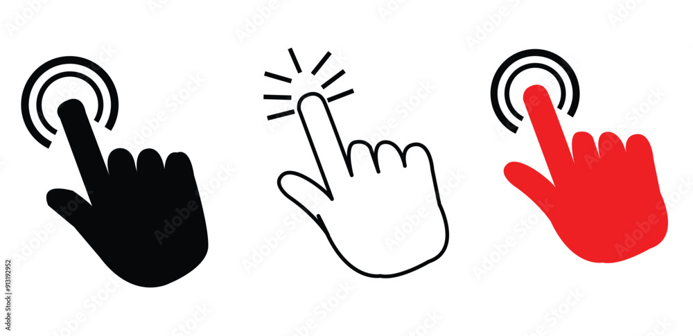 Poster hand cursor icon set. hand click pointer. clicking finger icon. computer mouse click set. click icon