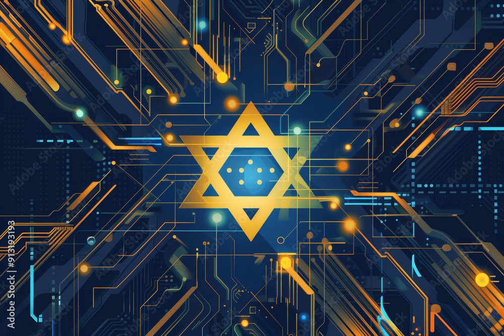Poster dynamic modern illustration featuring a symbolic star amidst tech-inspired circuitry in vibrant colo