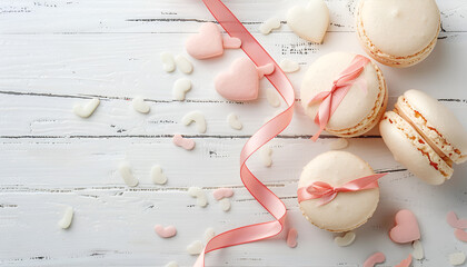 Naklejka premium Heart shaped macaroons with ribbon on white wood background
