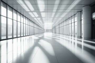 A spacious, modern interior corridor with large windows allowing natural light to create shadows on the polished floor