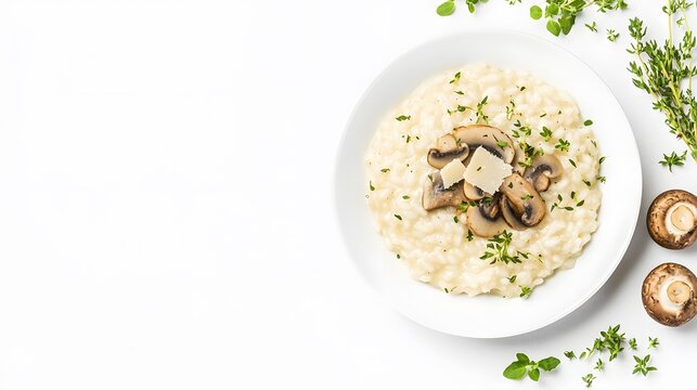 A realistic top view of a serving of Italian risotto with mushrooms and Parmesan cheese, garnished with fresh herbs, arranged on a white background, italian food.