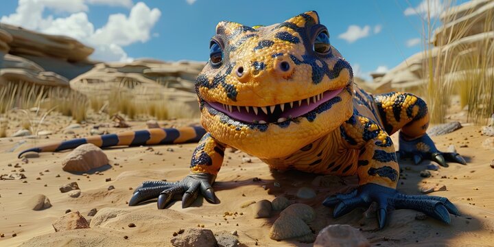 gila monster 3D animation cartoon style, colorful, happy, friendly, 3d cartoon, nature, outdoors