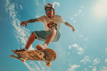 Obraz premium Dynamic Skater Executes Impressive Trick Under a Bright Blue Sky on a Summer Day