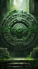 Fototapeta premium A massive, circular stone structure is prominently displayed, appearing as an ancient, intricately carved doorway or gate set within a lush, overgrown jungle scene. The stone features detailed geometr