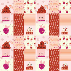 Berry food and drink seamless pattern. Summer refreshing drinks, sweets and desserts . Juicy summer berries. Flat Vector illustration

