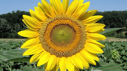   A vibrant sunflower dominates a field against a serene blue sky and lush background trees