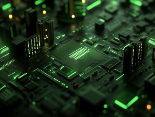 Fototapeta premium 3D render of a futuristic cityscape with glowing digital data and circuit board elements, set against a black background with green lighting.
