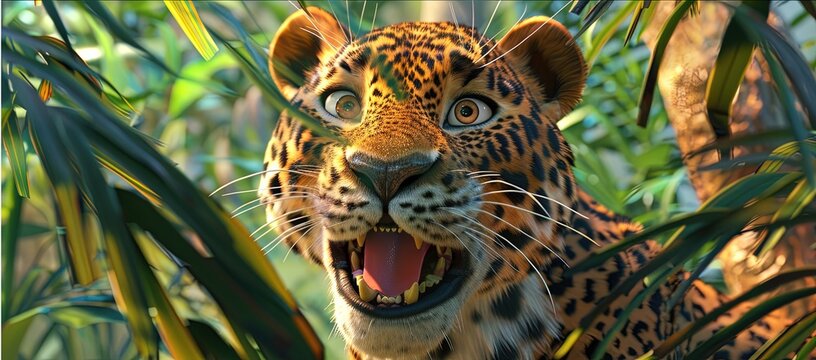 leopard 3D animation cartoon style, colorful, happy, friendly, 3d cartoon, nature, outdoors 