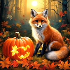 Obraz premium A vivid and captivating scene set in an autumnal forest with a warm, golden glow from the setting sun. In the foreground stands a red fox with a lush, bushy tail, looking attentively towards the viewe