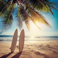 Surfboard and palm tree on beach background.