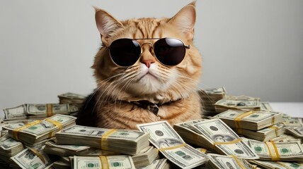A cat wearing sunglasses and sitting on a pile of money