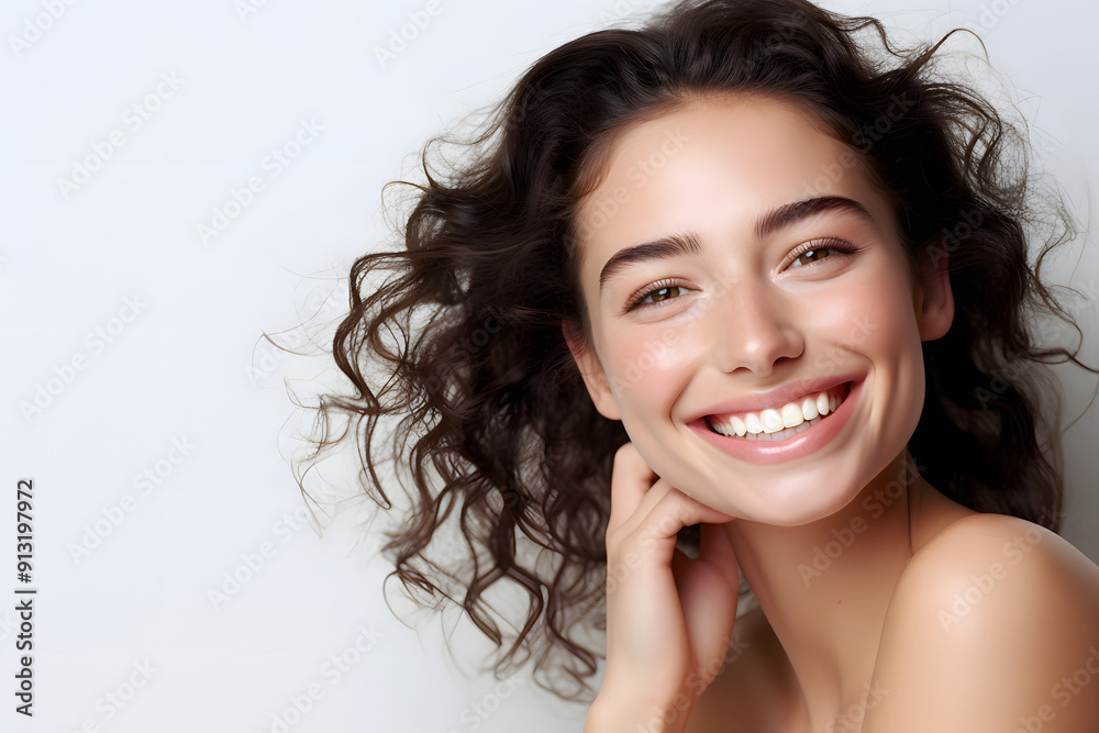 Wall mural portrait of a beautiful woman touch her face natural skin happy over clear background