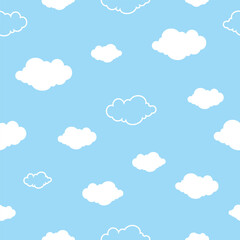 Vector Clouds Seamless Pattern on Blue Background Cartoon clouds repeatable  texture in retro style. Clouds Set in Flat and Outline  Style Clouds Pattern for print, wrapper,  fabric textile, web uses.