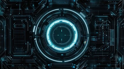 Futuristic technology interface with glowing circular elements and intricate circuit patterns on a dark background.