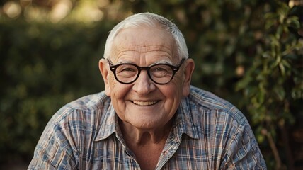 A man with glasses is smiling and wearing a plaid shirt