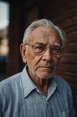 A man with glasses and a blue shirt is standing in front of a brick wall