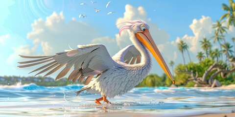 Fototapeta premium pelican 3D animation cartoon style, colorful, happy, friendly, 3d cartoon, nature, outdoors 