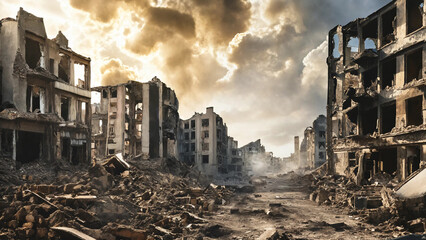 Destroyed city that was bombed by the enemy, widescreen 16:9, 300 dpi, with space for text