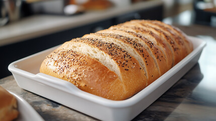white bread loaf with seeds on top, in an empty rectangular plastic tray placed at the kitchen counter
