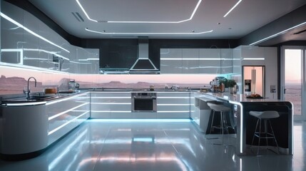Obraz premium Spacious Kitchen With Large Counter and Bar Stools