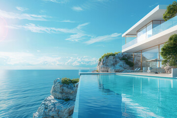 Fototapeta premium Luxurious villa on cliff over turquoise ocean. Beautiful modern house with green plants and pool on sea coast. Vacation home