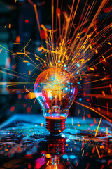 Light bulb explosion on black background, concept of idea and innovation. Glowing lightbulb with colorful sparks and powder flying around it