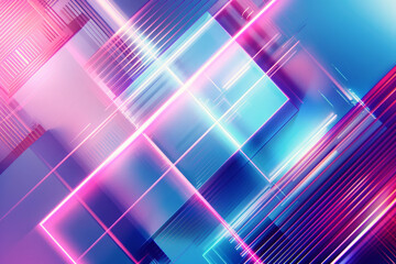 Obraz premium Abstract background with glowing geometric shapes and neon lines. Minimalistic composition with gradients in red and blue colors