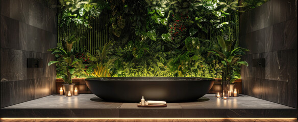 Bath in modern beauty salon, luxury bathroom interior in spa with vertical garden and dark marble walls. Concept of green plants, flower, resort,
