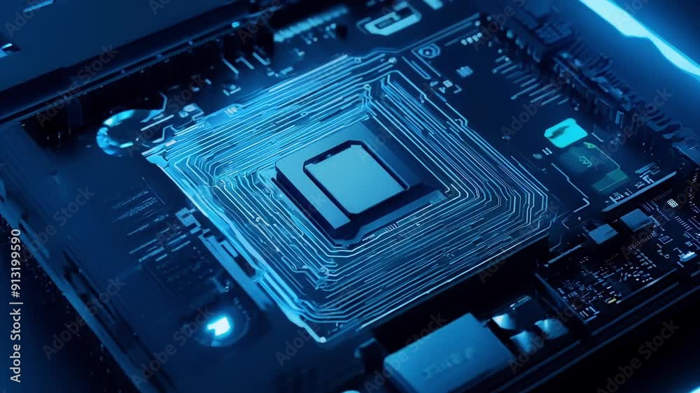 Poster examining a computer chip illuminated by blue led lights in a high-tech laboratory setting.
