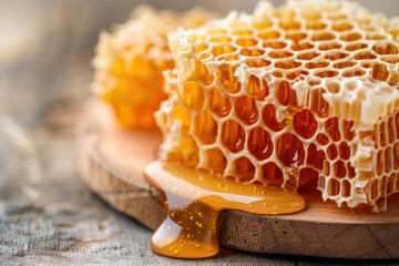 Delicious honey dripping from a honeycomb, showcasing vibrant colors and textures on a rustic wooden background.