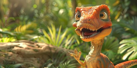 velociraptor 3D animation cartoon style, colorful, happy, friendly, 3d cartoon, nature, outdoors