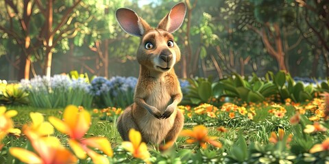 wallaby 3D animation cartoon style, colorful, happy, friendly, 3d cartoon, nature, outdoors 