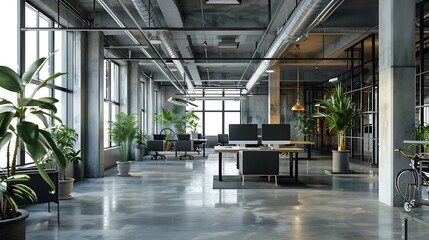 Modern empty blank interior office room for work, Mockup Frame-Minimalistic concrete coworking office