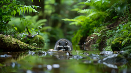 A raccoon washing its food in a forest stream with lush greenery surrounding the scene.