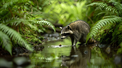 A raccoon washing its food in a forest stream with lush greenery surrounding the scene.