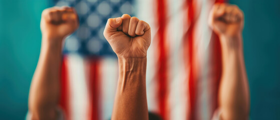 Empowered fists raised in solidarity against a backdrop of the American flag, symbolizing protest and unity in social movements.