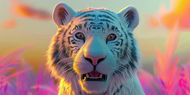 white tiger 3D animation cartoon style, colorful, happy, friendly, 3d cartoon, nature, outdoors 