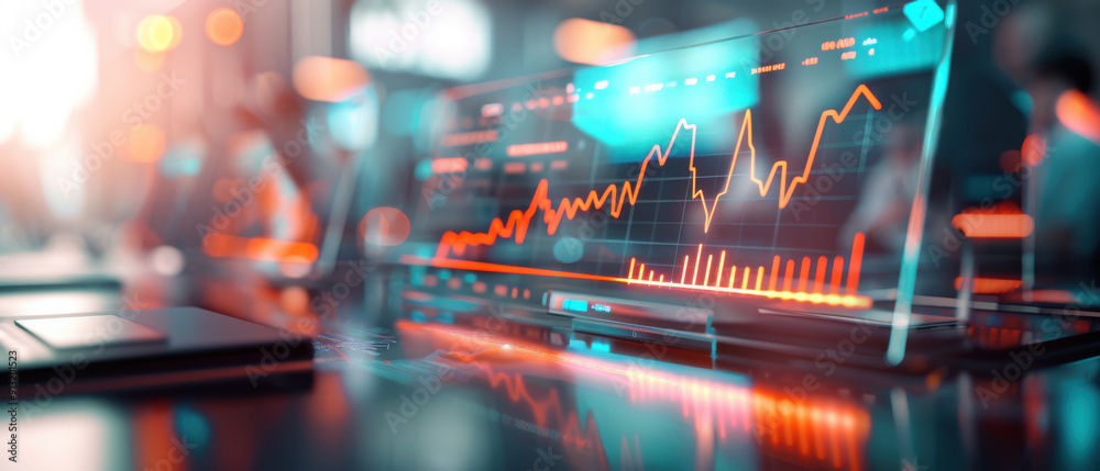 Wall mural futuristic digital interface displaying financial data and trends on a transparent screen in a moder