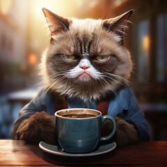 Portrait of grumpy, not waking up cat with blue cappuccino cup of coffee early in the morning at the cafe table.