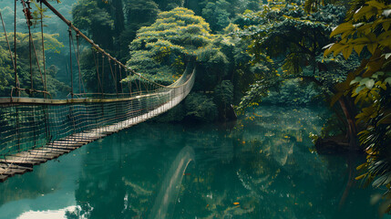 A rope bridge crossing a serene crystal-clear jungle lake reflecting the surrounding greenery.