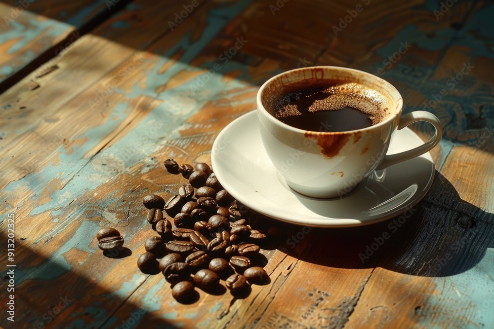 Poster a simple setup featuring a cup of coffee and some coffee beans on a table