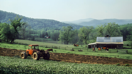 A rural farm scene with a tractor barn and farmer tending to livestock in 1975.