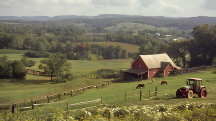 A rural farm scene with a tractor barn and farmer tending to livestock in 1975.