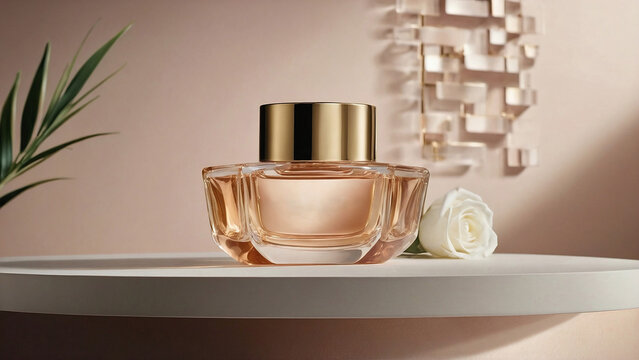 A perfume bottle on a pink background, a mock-up template for the presentation of cosmetics.